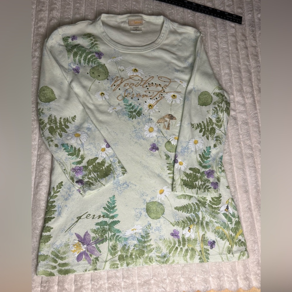 Artisans Woodland Serenity Nature Green 3/4 Length Sleeve Embellished Top M - Picture 3 of 10